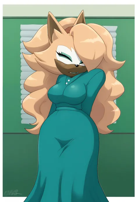 Female wolf, 1girl, solo, Whisper the Wolf, closed eyes, (hair down), long wavy hair, hair down, body, medium breasts, eyelashes, teal makeup, light on the lipstick, nervous, school house, dressed as a teacher, teacher dress, teal dress, long skirt, teache...