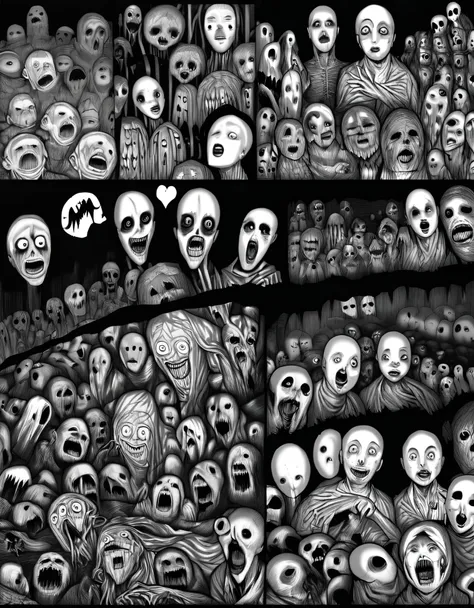 (highres,masterpiece:1.2),ultra-detailed,Junji Ito,horror,manga,creepy,twisted,ominous,charcoal black ink,monochrome,nightmare,fear,unsettling atmosphere,exaggerated expressions,distorted faces,vividly detailed backgrounds,gruesome transformation,haunting ...