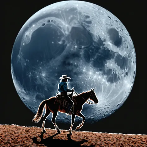 there is a man riding a horse in front of a full moon, riding a horse on the moon, cowboy, cowboy on the range, photo from behind of a cowboy, in the old west, the cowboy in the weird west, old west, lone ranger, cowboy dream, inspired western comic,  ride...