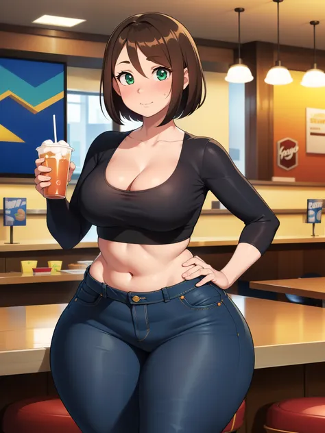 ((highres)), Masterpiece, high quality, best quality, beautiful, perfect lighting, detailed face, ultra cute face, ((1girl)), ((solo)), (blush), short brown hair, green eyes, jeans, white crop top, fast food restaurant, cleavage, medium breasts, ((wide hip...