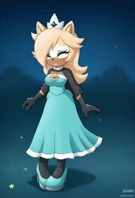 Female wolf, 1girl, solo, Whisper the Wolf, closed eyes, (hair down), long wavy hair, hair down, body, medium breasts, eyelashes, makeup, light on the lipstick, embarrassed, outside, dressed as Rosalina, Princess Rosalina dress, cosplay, teal/aqua colored ...