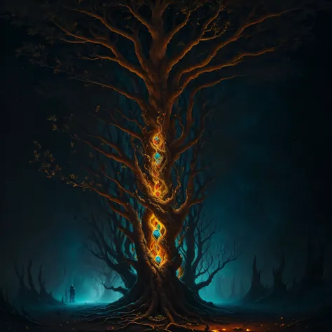 Develop an image of a stylized Tree of Knowledge where each element has a symbolic meaning. The roots must go deep, incorporando as ricas complexidades da mitologia. O porta malas, a sturdy representation of psicologia, forms the core of the tree. Os ramos...