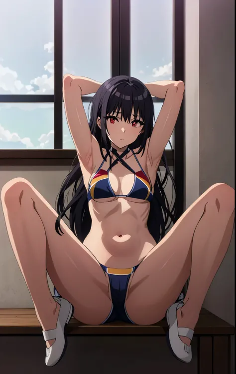 black hair,red eyes,((((bikini)))),long hair,tied up,sitting,1girl
