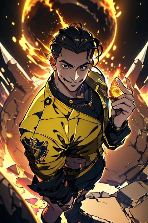 menino anime, 25 anos de idade, with hair slicked back, a hand inserted casually in the pocket. his gaze exudes a killer appeara...