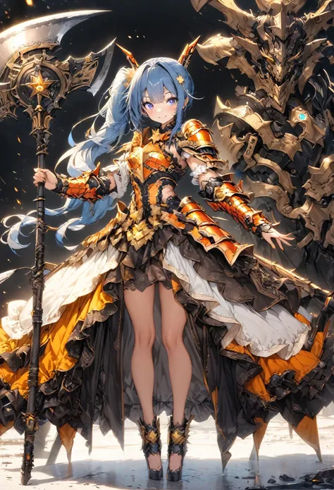 score_9, score_8_up, score_7_up, best quality ,masterpiece, 4k, Japanese anime, 1girl, blue hair, (side ponytail:1.5),giant blue ribbon, (mechanical dragonhorn:1.1), (eye lashes:1.3), (eye shadow:1.3),blue eyes, (beautiful detailed eyes:1.4), laugh, 160cm ...