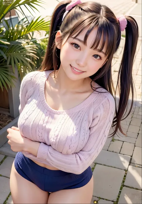 (highest quality,masterpiece:1.3,Ultra-high resolution),(Very detailed、Caustics) (Realistic:1.4, RAW shooting、)Ultra-Realistic Capture、Very detailed、Natural skin texture、masterpiece、(Japanese woman in a navy blue knit sweater and pink panties:1.3)、Adorable...