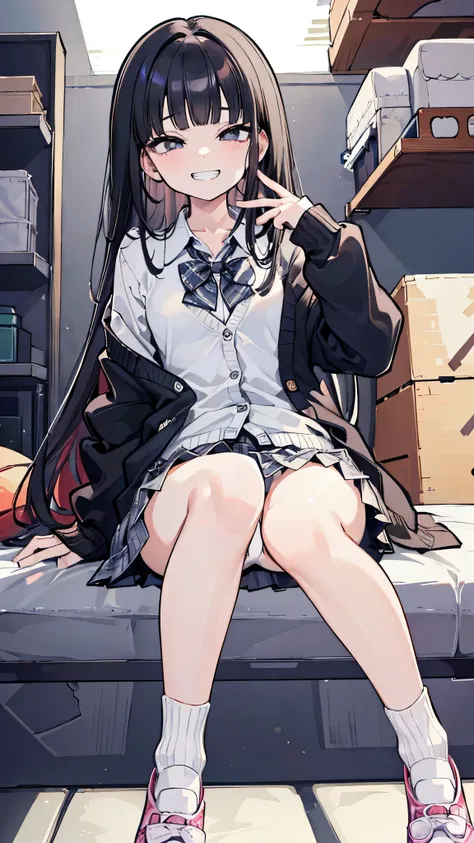 (8k、Best image quality、highest quality、masterpiece)、Detailed face、One girl、Black Hair、Long Hair、blunt bangs、Grey Eyes、evil smile、((Grin))、Small breasts、((White collared shirt))、((cardigan))、((Plaid skirt))、((white panties))、white socks、shoes、sitting、knees ...