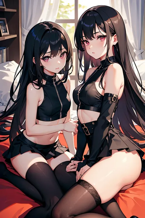 ((masterpiece, best quality, high resolution)), expressive eyes, mature, perfect face, 2girls, young, small breasts, twins, long hair, black hair, hot-pink eyes, black croptop, black skirt, black thighhighs, bedroom, bed, stuffed animals, tan skin