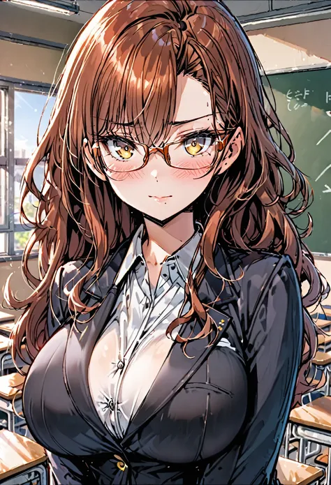 solo, SFW, female, wavy hair, thick hair, auburn hair, golden eyes, huge breasts, teacher, short kirt, thin-rimmed glasses, shy smile, blush, classroom, suit, blazer