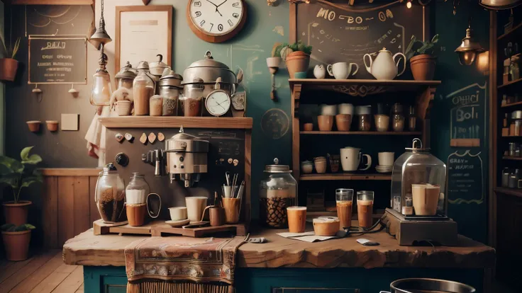 bohoai coffee machine on a counter of old shabby boho style coffeehouse, extremely detailed, pastry showcase, coffee goods on shelves on walls