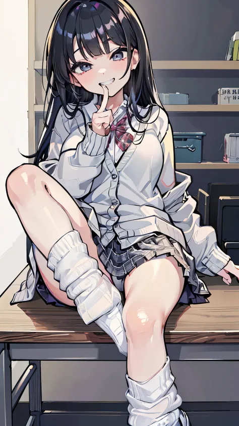 (8k、Best image quality、highest quality、masterpiece)、Detailed face、One girl、Black Hair、Long Hair、blunt bangs、Grey Eyes、evil smile、((Grin))、Small breasts、((White collared shirt))、((cardigan))、((Plaid miniskirt))、((white buggysocks))、loafers、Sit on a chair、Sh...