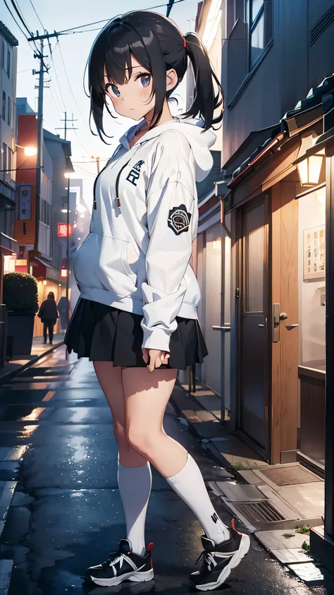 score_9, score_8_up, score_7_up, source_anime, 1girl, solo, OnoderaKosaki, white hoodie, outdoors, night, street, lamppost, hands in pockets, full body, black thighhighs, shoes, skirt,