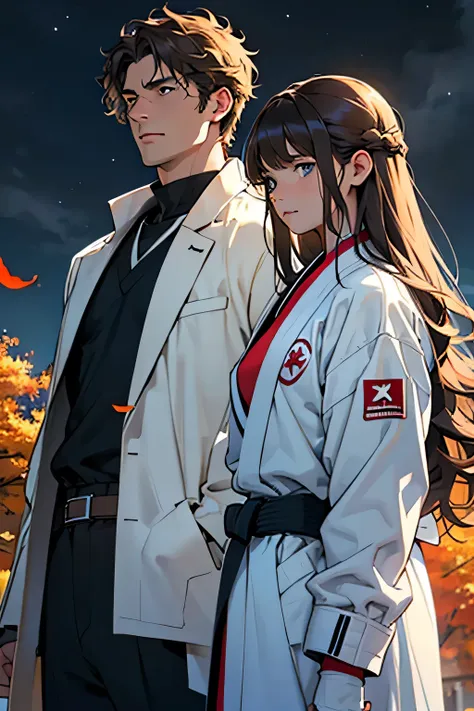 In this illustration, a Western man with blue eyes and straight hair is facing a Western woman with curly hair and brown eyes.  They are standing facing each other, he on the left and she on the right.  The setting is a dark autumn sky with fallen yellow l...