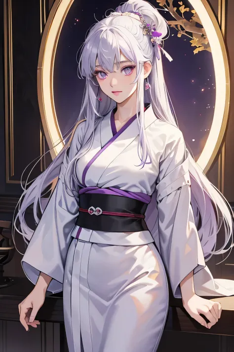 White long hair, withe skin female, bright purple eyes, Eyes reflection, Dark Gray yukata, Palacio Ambience, Beautiful appearance, medium titis Anatomically accurate, Masterpiece, Super detaill, High Quality, Best Quality, 8K, one man&#39;s masterpiece,Bac...