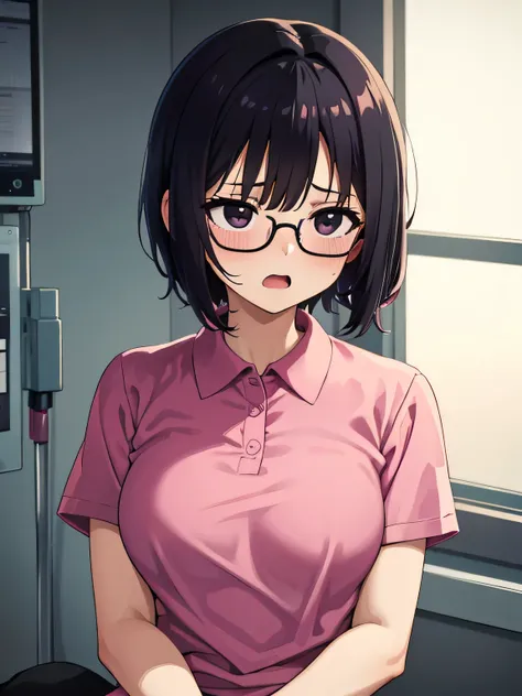 1. Beautiful girl in a magenta polo shirt, short hair, Small breasts, Embarrassing, Beautiful fingers, Shyness, worries, Black Hair, White underwear, Crouching, black eyes, hospital, beautiful, cute, high quality, short sleeves　No bra, Open mouth Glasses P...