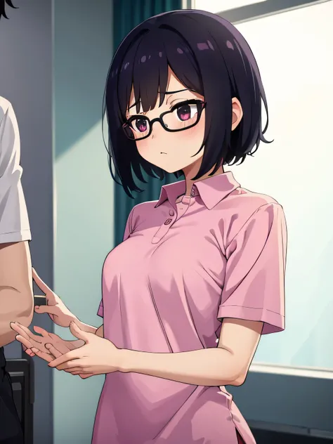 1. Beautiful girl in a magenta polo shirt, short hair, Small breasts, Embarrassing, Beautiful fingers, Shyness, worries, Black Hair, White underwear, Black eyes Hospital Beautiful Cute High quality Short sleeves　No bra, Glasses Perfect Hands Medical Checku...