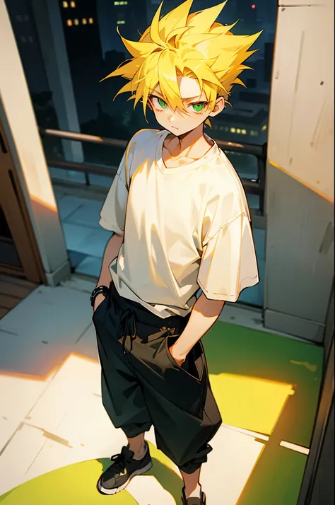 1male, Kid, Short Hair, Baggy Pants, Loose White T-Shirt, City, Yellow Hair, Green Eyes, Spiked Hair