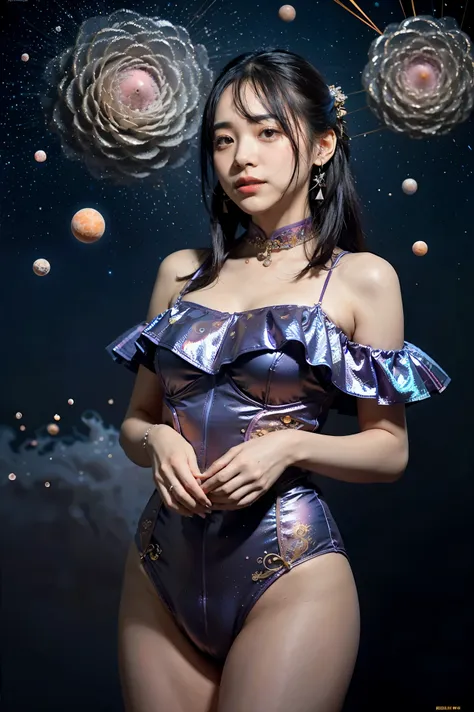 depicts a mysterious and beautiful female character standing on suspended fragments in the cosmic starry sky。
planets blend into...