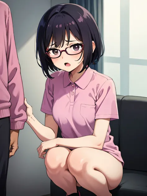 1. Beautiful girl in a magenta polo shirt, short hair, Small breasts, Embarrassing, Beautiful fingers, Shyness, worries, Black Hair, No underwear, Crouching, black eyes, hospital, beautiful, cute, high quality, short sleeves　No bra, Open mouth Glasses Perf...