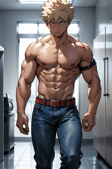 Katsuki Bakugo from Boku No Hero Academia, wearing blue jeans with brown belt, serious, bodybuilder, defined body, shirtless, abs, big legs, white empty room, sexy, walking