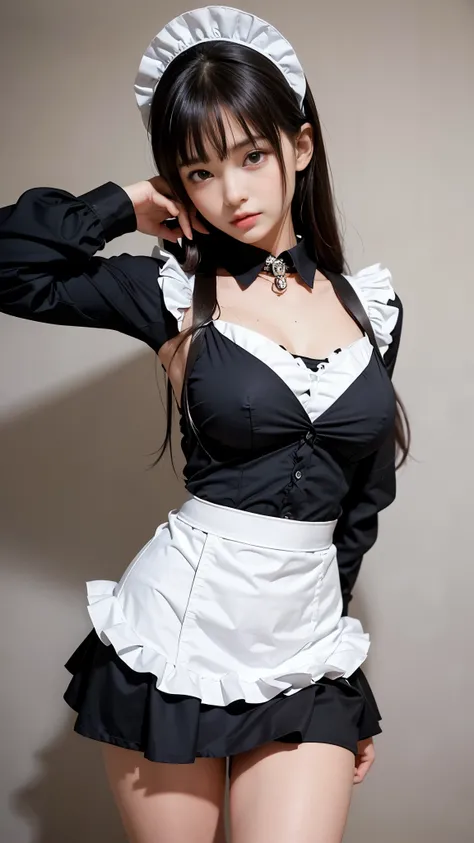 ((Offering extreme services:1.4)), ((Tight miniskirt maid outfit:1.4)), ((The body of a 16-year-old beautiful girl:1.3)), one person, (Baby Face:1.6), ((Hair, Smooth and shiny hair)), (Long side bangs:1.3), (Beautiful Skin:1.2), (Slender body line), ((Peti...