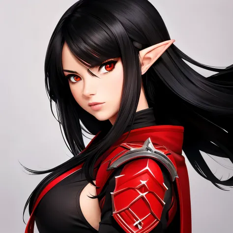 Half elf, girl, ninja, black hair, red eyes