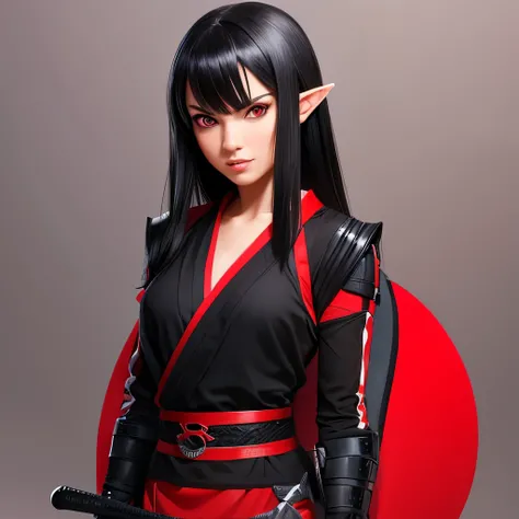 Half elf, girl, ninja, black hair, red eyes