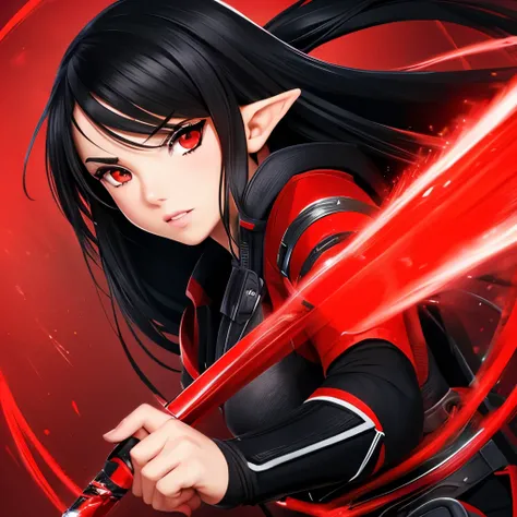 Half elf, girl, ninja, black hair, red eyes