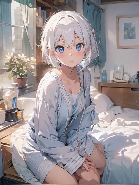 Masterpiece, 8k quality, extremely detailed, one girl, mature female, tomboy, beautiful woman with white hair and blue eyes, extremely short hair, guy hair, wearing a bath towel, thick thighs, small breast, perfect belly, chubby waist, bedroom background