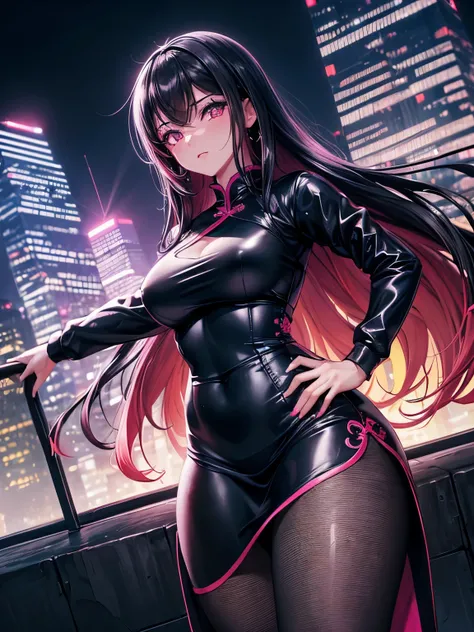 anime, (obra de arte, melhor qualidade, ultra-detalhado, Alto contraste), 1 mulher (sozinho, corpo todo, corpo plus size, standing on the edge of the skyscraper, cabelo prateado, LONGO em um rabo de cavalo, olhos vermelhos, olhos perfeitos brilhos de rubi,...