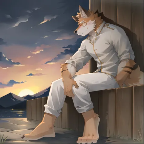 individual,Just not good, young的身体, young,young角色,Full body orange fur,Orange fur,Body tearing,Dusk evening background,head tilted to one side,wearing glasses,Is smiling,Happy mood, Wear only loose-fitting white clothing,Wolf furry character,Golden eyes