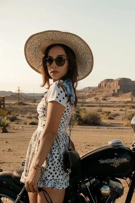 Photo of a young woman dressed in a big hat and a polka dotted dress. She wears sunglasses. In the bakground is a vintage motorcycle , it’s a Harley Davidson from 1955, shot from the side, dessert , dusk,  film photography style, 4k. 