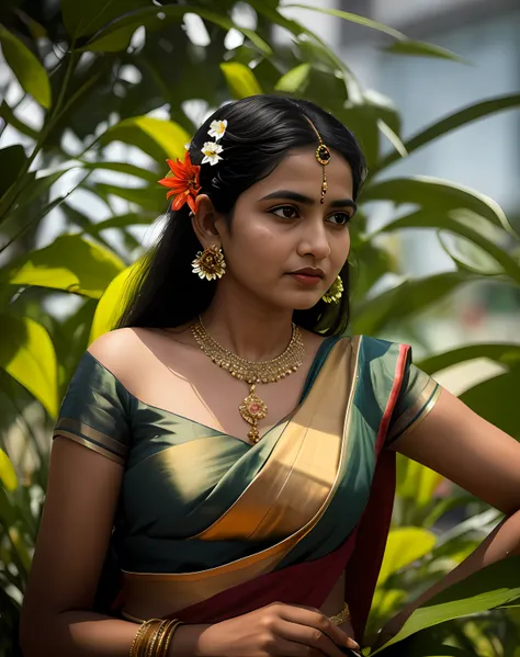 a woman in a sari with a flower in her hair, a picture by Thota Vaikuntham, instagram contest winner, bengal school of art, #myportfolio, shallow depth of field, movie still