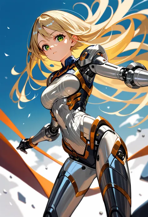 1girl,solo,sala,original,blonde hair ,green eyes,silver bodysuit,hero bodysuit,metallic clothes,ultra-detailed,sharp focus,aesth...