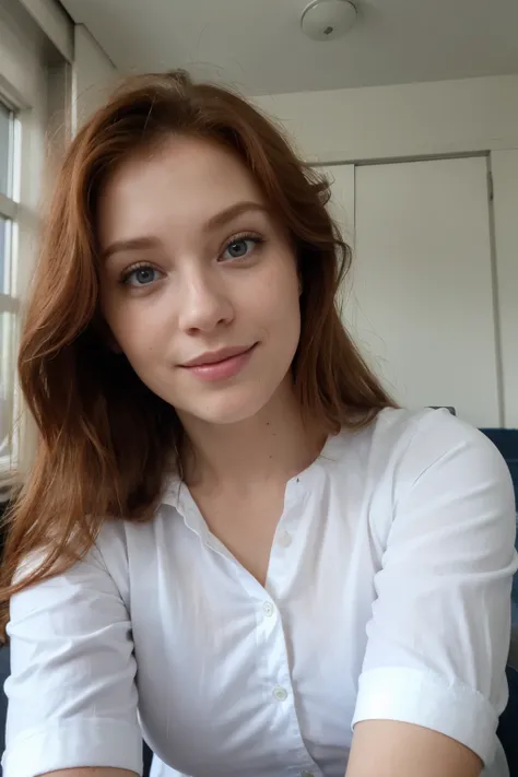 a ginger woman, ((selfie)), blue eyes, looking up, mouth open, smiling, face extra large zoom in, in class, (blue jeans), (white shirt)