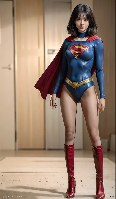 No background、(((Beautiful legs in black tights.)))、(((Legally express the beauty of your smile)))、((((Make the most of your original images)))、(((体にぴったりフィットするSupergirl Costume)))、(((Supergirl Costume)))、(((Beautiful Short Hair)))、(((She is winking cutely....