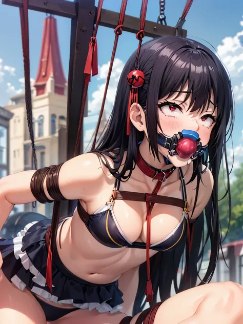 black hair,red eyes,(((blush))),((((bondage skibari,bikini,hanging,bal gag))))