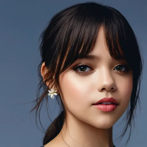 eine Nahaufnahme einer Frau mit einer Halskette um den Hals, ihr Gesicht sieht aus wie eine Orchidee, Jenna Ortega, Detailgenauigkeit, beautiful, detailliertes Gesicht, extra langes Haar, ein geflochtener Pferdeschwanz auf dem Kopf, Nice haircut, (Blush:1....
