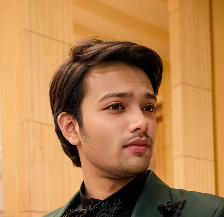 A beautiful young bearded man with highly detailed skin looking at the camera,8k,high res, soft light,no contrast,ultra realistic, photorealism.((real life photo,realistic:1.9, short beard:1)),(wearing black sherwani),((closeup shot:1.5))