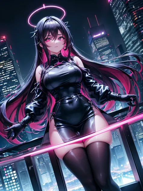 anime, (obra de arte, melhor qualidade, ultra-detalhado, Alto contraste), 1 mulher (sozinho, corpo todo, corpo plus size, standing on the edge of the skyscraper, cabelo prateado, LONGO em um rabo de cavalo, olhos vermelhos, olhos perfeitos brilhos de rubi,...