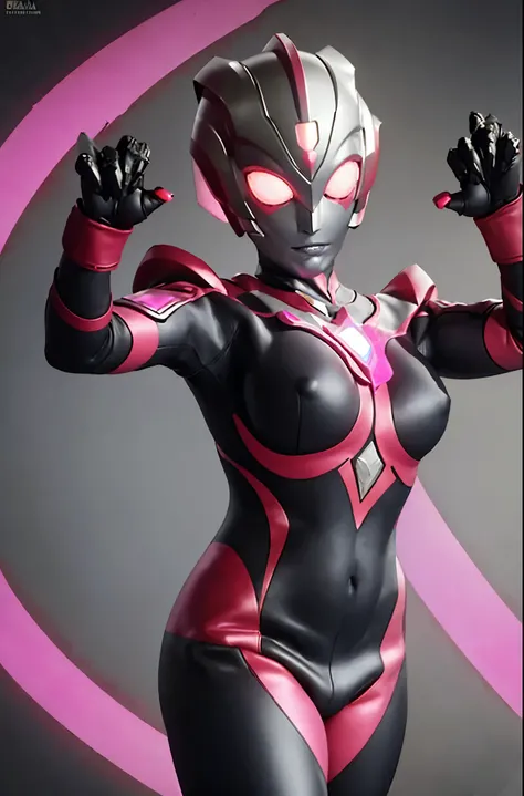 Ultraman Woman. （high quality）（luster）（Black and Pink thema color）（Black helmet. Black Face）women only. The whole body is covered with a black bodysuit. Spike decoration. Pink lines all over the body. purple coloreye. pink glow crystal. pink sharp claw. sq...