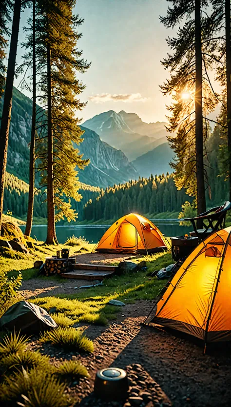 ((Masterpiece in maximum 16K resolution):1.6),((soft_color_photograpy:)1.5), ((Ultra-Detailed):1.4),((Movie-like still images and dynamic angles):1.3),((Wide cinematic lens):1.1). | ((Wide Cinematic shot of a warm campsite in a beautiful outdoors):1.2), ((...