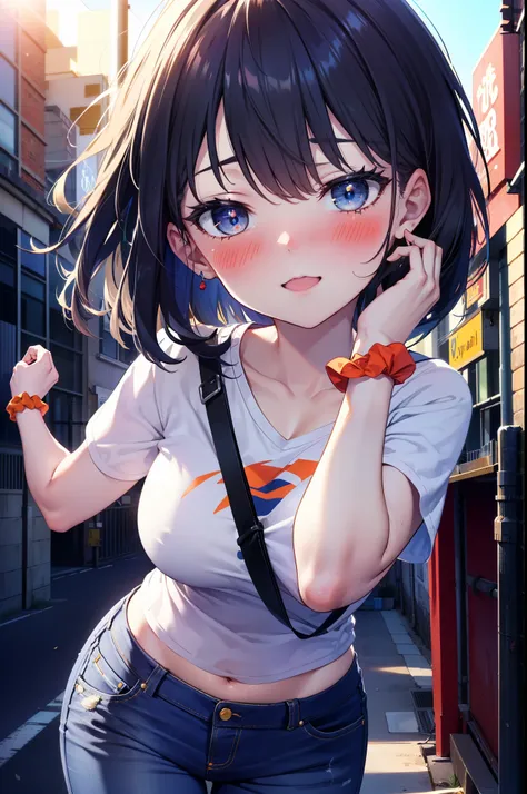 Rikka body, rikka takarada, Black Hair, blue eyes, Long Hair, orange Scrunchie, Scrunchie, wrist Scrunchie,happy smile, smile, Open your mouth,blush,hair band,Cord Off Shoulder Top,Short sleeve,Skinny denim pants,High Top Sneakers,morning,morning陽,The sun ...