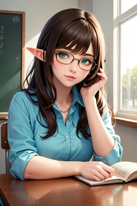 ((best quality)), ((masterpiece)), (detailed), perfect face, brown hair, long hair, elf ears, glasses, green eyes, teacher girl,...