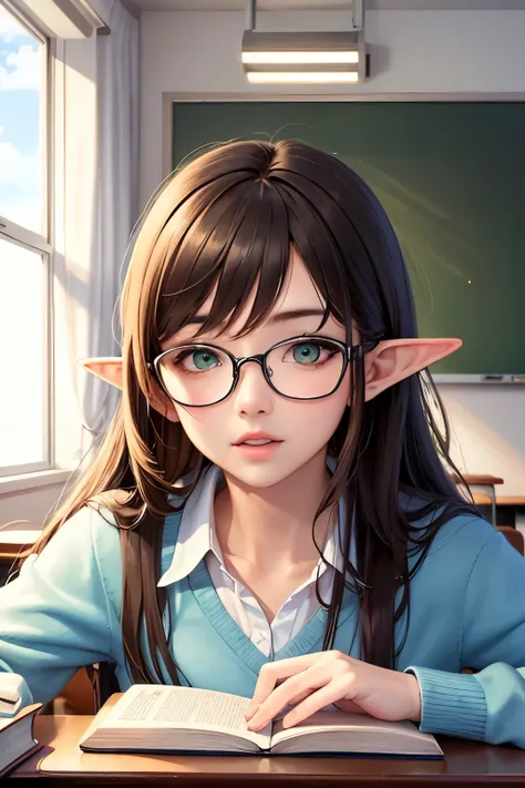 ((best quality)), ((masterpiece)), (detailed), perfect face, brown hair, long hair, elf ears, glasses, green eyes, teacher girl, in classroom, book in hand