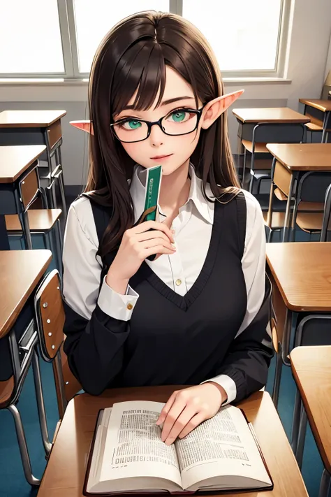 ((best quality)), ((masterpiece)), (detailed), perfect face, brown hair, long hair, elf ears, glasses, green eyes, teacher girl, in classroom, book in hand