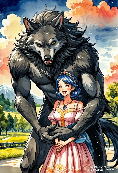 watercolor, soft color, Vintage images, highres, unparalleled masterpiece, absurdres, love story of human  girl and giant Werewolf, love romance, The princess and the prince, family photograph, pair, Height difference, Physical difference, perfect anatomy,...