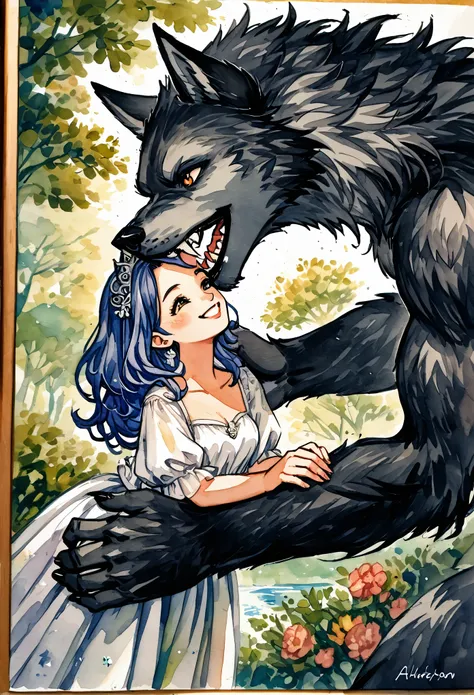 watercolor, soft color, Vintage images, highres, unparalleled masterpiece, absurdres, love story of human  girl and giant Werewolf, love romance, The princess and the prince, family photograph, pair, Height difference, Physical difference, perfect anatomy,...