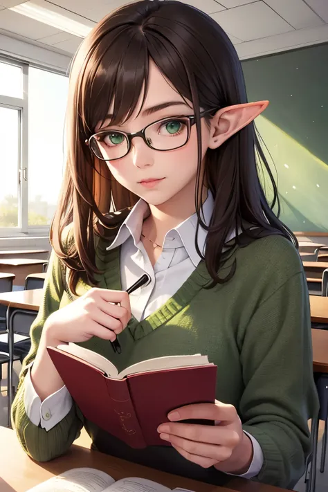 ((best quality)), ((masterpiece)), (detailed), perfect face, brown hair, long hair, elf ears, glasses, green eyes, teacher girl, in classroom, book in hand