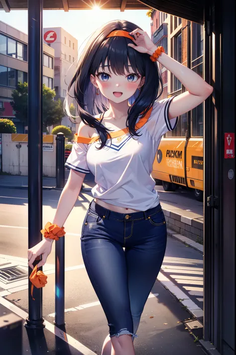 Rikka body, rikka takarada, Black Hair, blue eyes, Long Hair, orange Scrunchie, Scrunchie, wrist Scrunchie,happy smile, smile, Open your mouth,blush,hair band,Cord Off Shoulder Top,Short sleeve,Skinny denim pants,High Top Sneakers,morning,morning陽,The sun ...